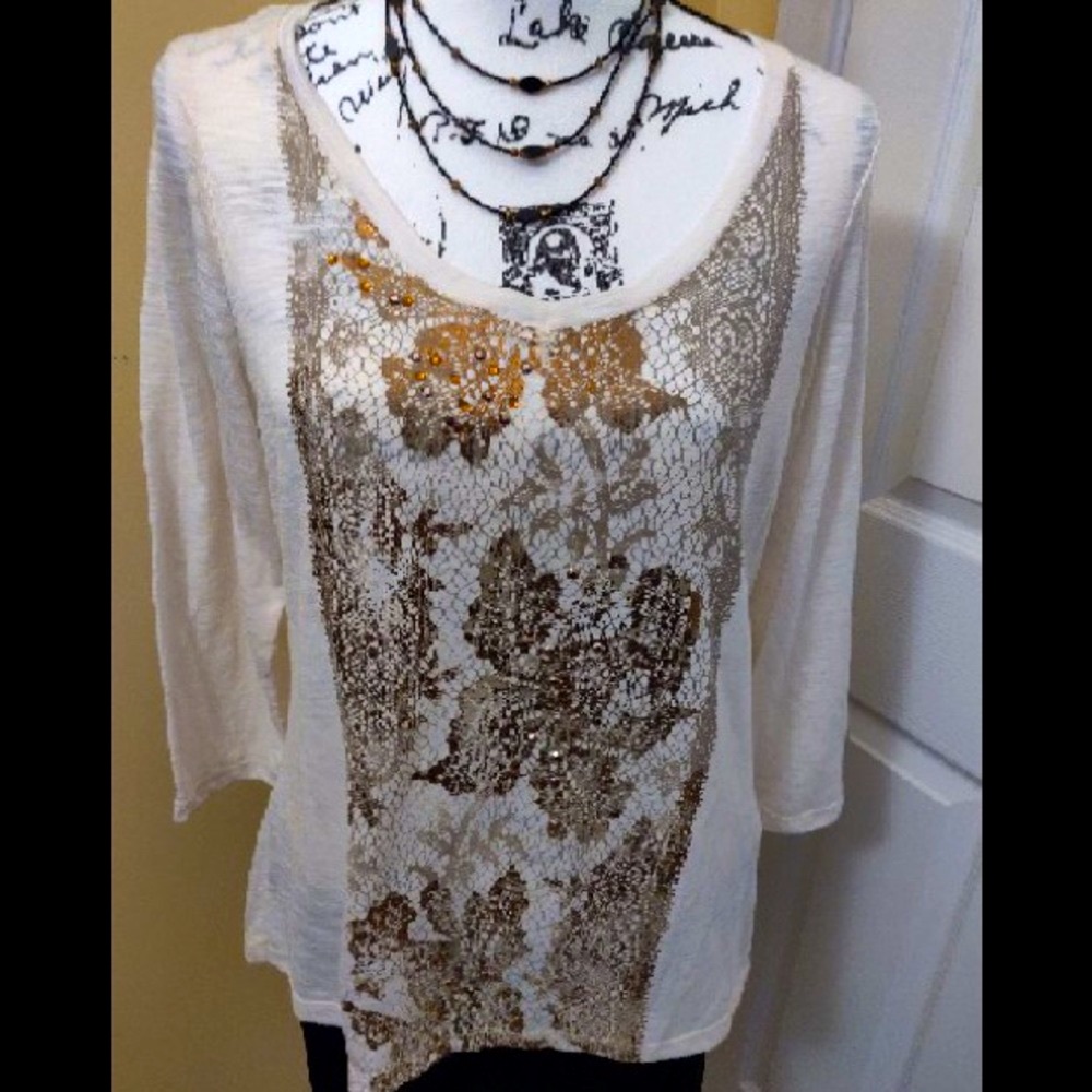 π2/$10ππβOR π«5/$25π«βΌοΈ Madison bronze gold Cream bronze rhinestone lace top - Picture 1 of 7